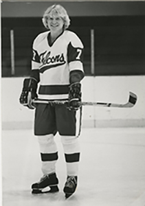 a black and white photo from 1983 of Paul Dykstra on the ice in his hockey uniform