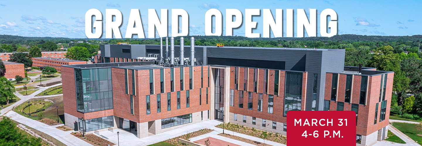 Aerial view of SciTech with the text "Grand Opening, March 31, 4-6 p.m."