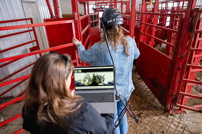a person with their back to the camera wears a virtual reality helmet while another person stands behind them with a laptop