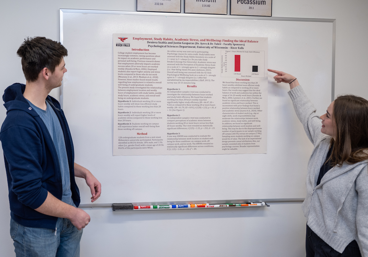 two students stand in front of a whiteboard with a poster and are explaining the content