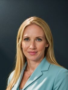 Lauren Highfill head shot. A woman with long blonde hair and an aqua colored blazer.