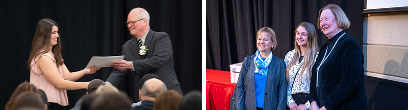 Two images of students receiving scholarships from faculty members