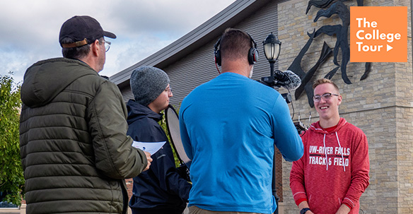 Brooks Leuck being interviewed by the College Tour production team in front of the Falcon Center