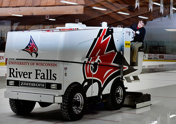 Student employee drives the Zamboni in the W.H. Hunt Ice Arena