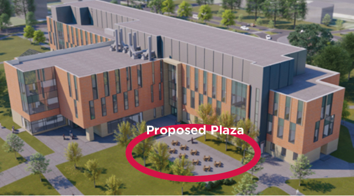 A rendering of the new SciTech building at UWRF with a red circle and the wording "proposed plaza" in the center