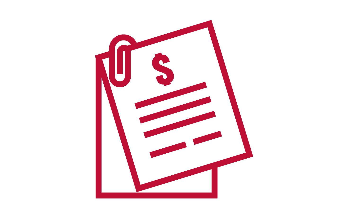 red icon stylized to look like a two sheets of paper clipped together. the top paper has a dollar sign on it.