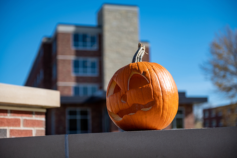 A carved jack-o'-lantern sits on a wall outside a residence hall at UW-River Falls.