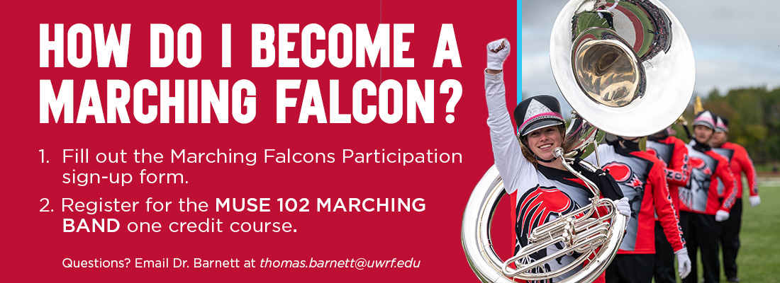 A student playing the sousaphone with text "How do I become a marching falcon?"