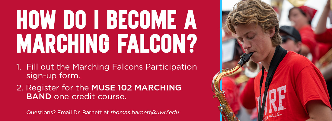 A student playing the saxophone with text "How do I become a marching falcon?"