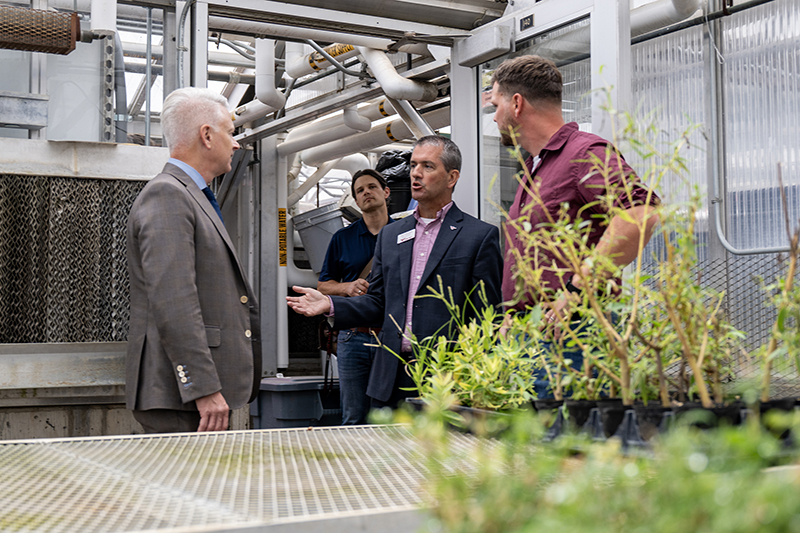 four men dressed in business casual attire have a discussion while standing in a agricultural lab space