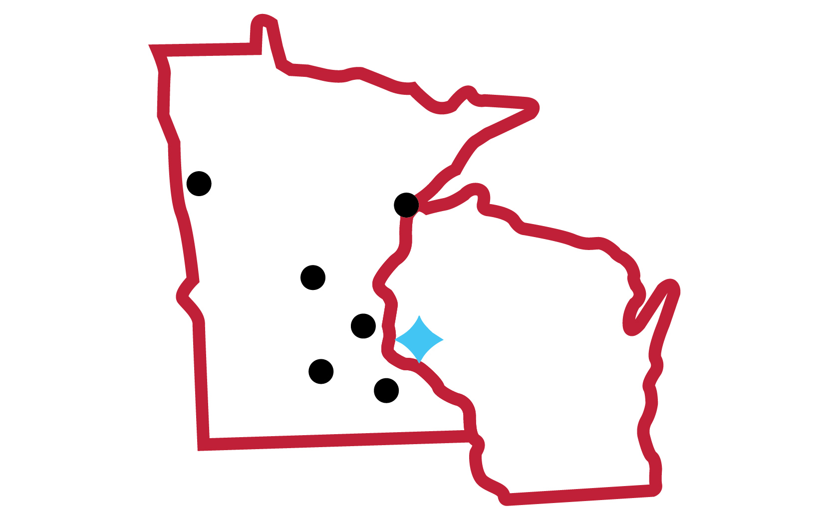 A map of Minnesota and Wisconsin with notable cities in Minnesota represented by a black dot and UWRF with a blue star