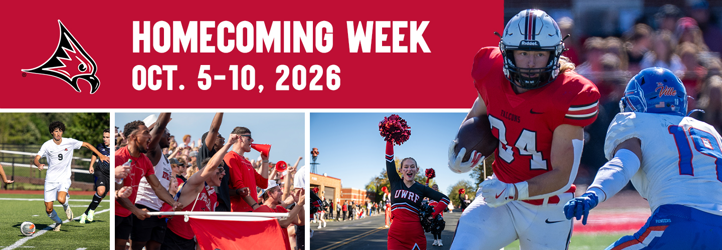 A 2026 homecoming collage featuring Football, Men's soccer, cheerleading and a cheering crowd at Ramer Field