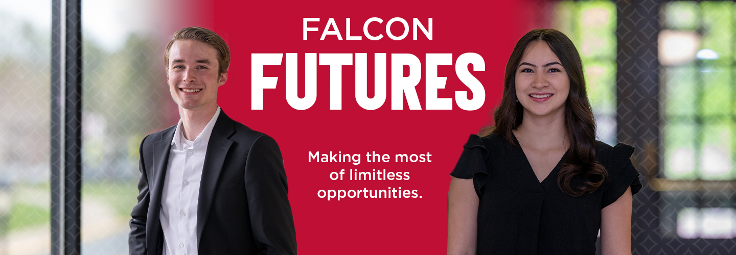 A male and female student are featured as part of the "Falcon Futures" initiative.
