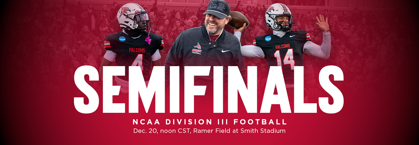 Head Coach Matt Walker and two offensive players in a collage. NCAA Division 3 Football Dec. 20, 2025, noon CST, Ramer Field at Smith Stadium